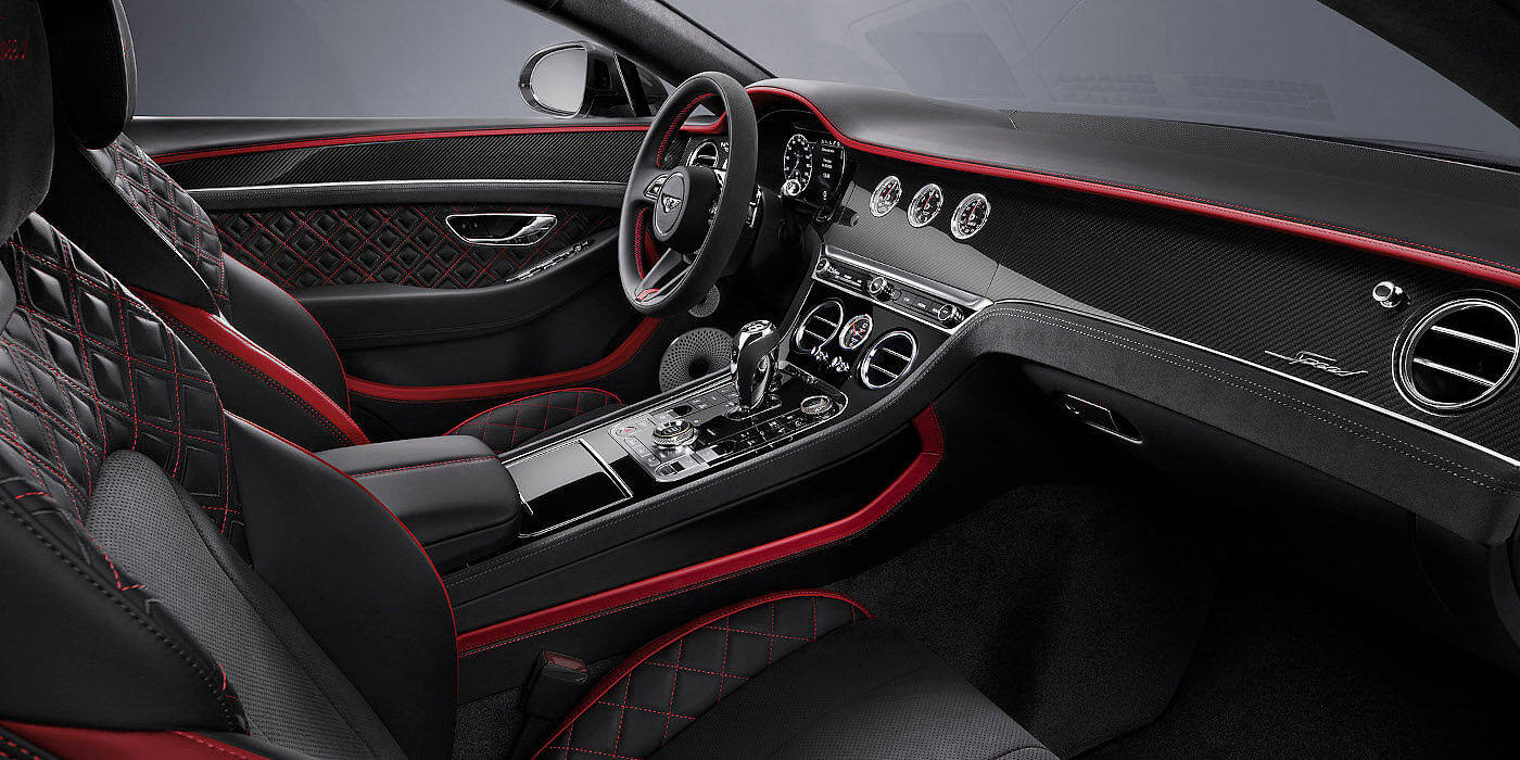 Bentley Hannover Bentley Continental GT Speed coupe front interior in Beluga black and Hotspur red hide