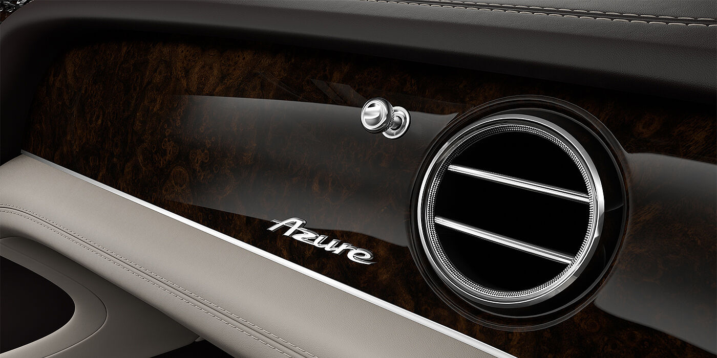 Bentley Hannover Bentley Bentayga EWB Azure SUV veneer detail in Dark Stained Burr Walnut with Azure chrome fascia badge