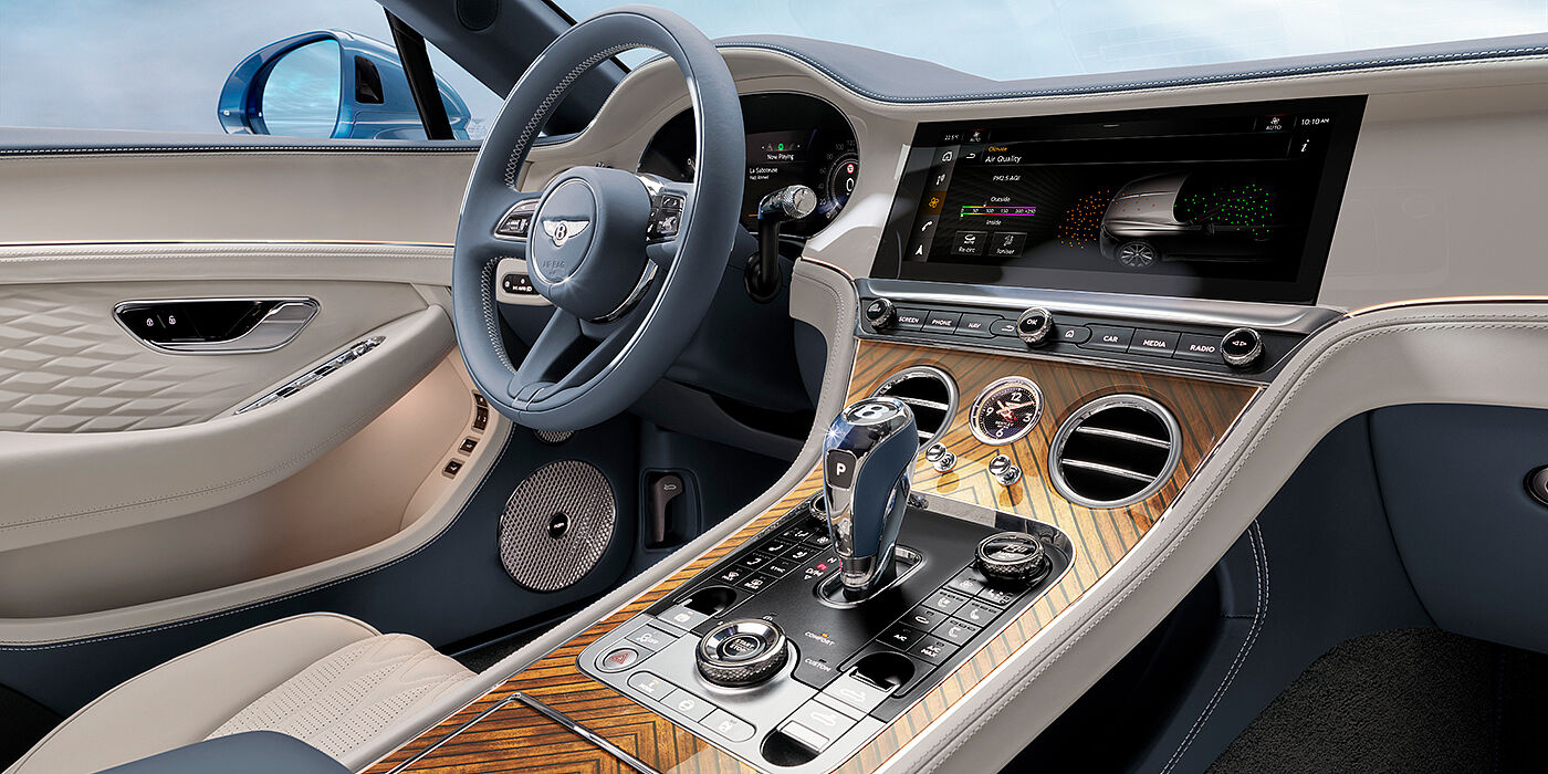 Bentley Hannover New Bentley Continental GTC Azure convertible interior front cabin view with Linen and Brunel hides and Piano Linen by Mulliner veneer featuring centre console and centre MMI screen