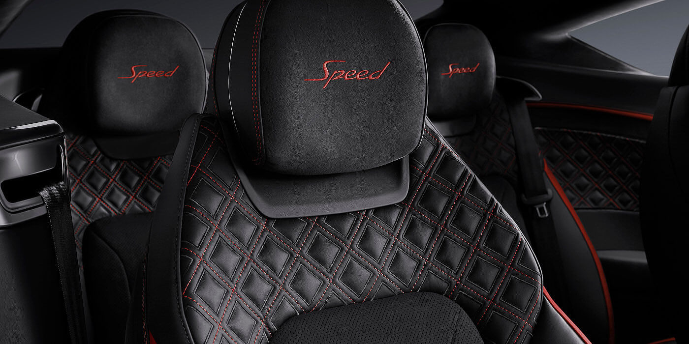 Bentley Hannover Bentley Continental GT Speed coupe seat close up in Beluga black and Hotspur red hide