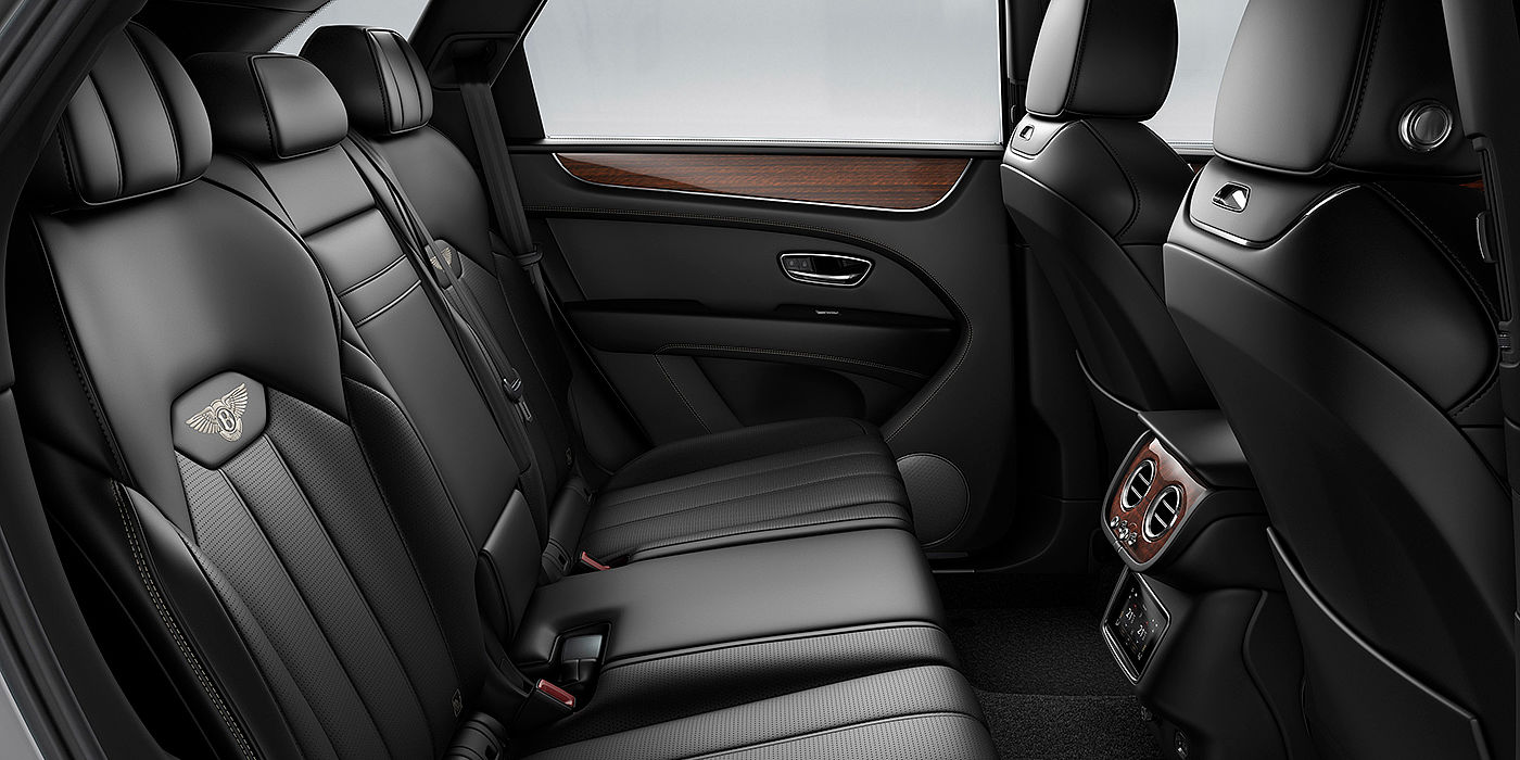 Bentley Hannover Bentey Bentayga interior view for rear passengers with Beluga black hide.