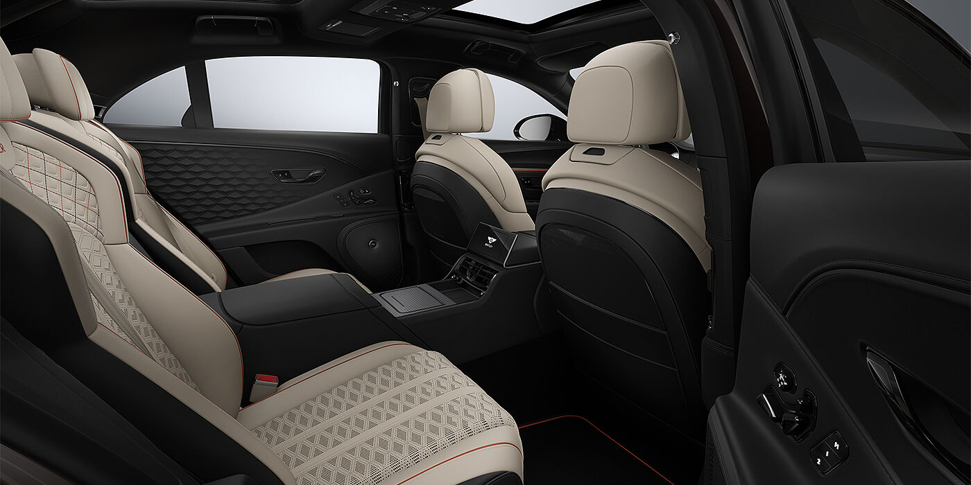 Bentley Hannover New Bentley Flying Spur Mulliner sedan rear interior in Portland and Beluga Black hides with Grand Black veneer