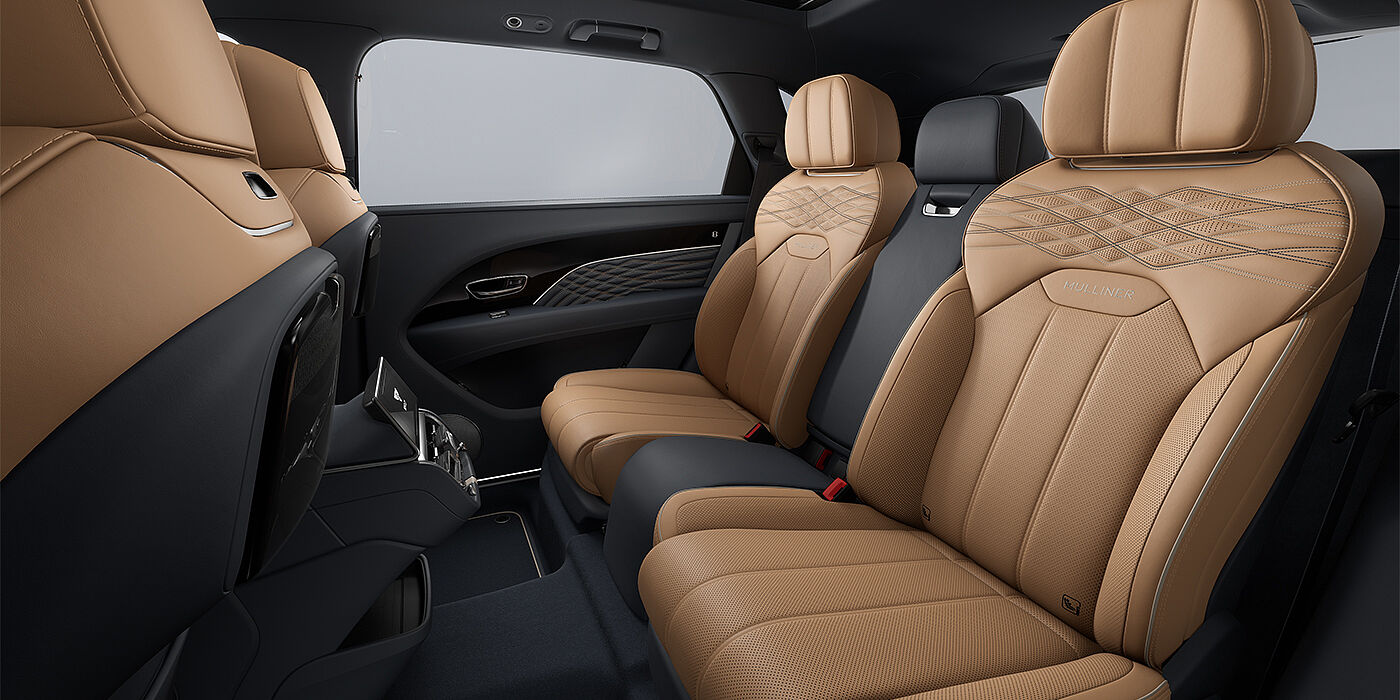 Bentley Hannover Bentley Bentayga EWB Mulliner SUV rear interior in Camel and Brunel hides with Mulliner contrast stitching