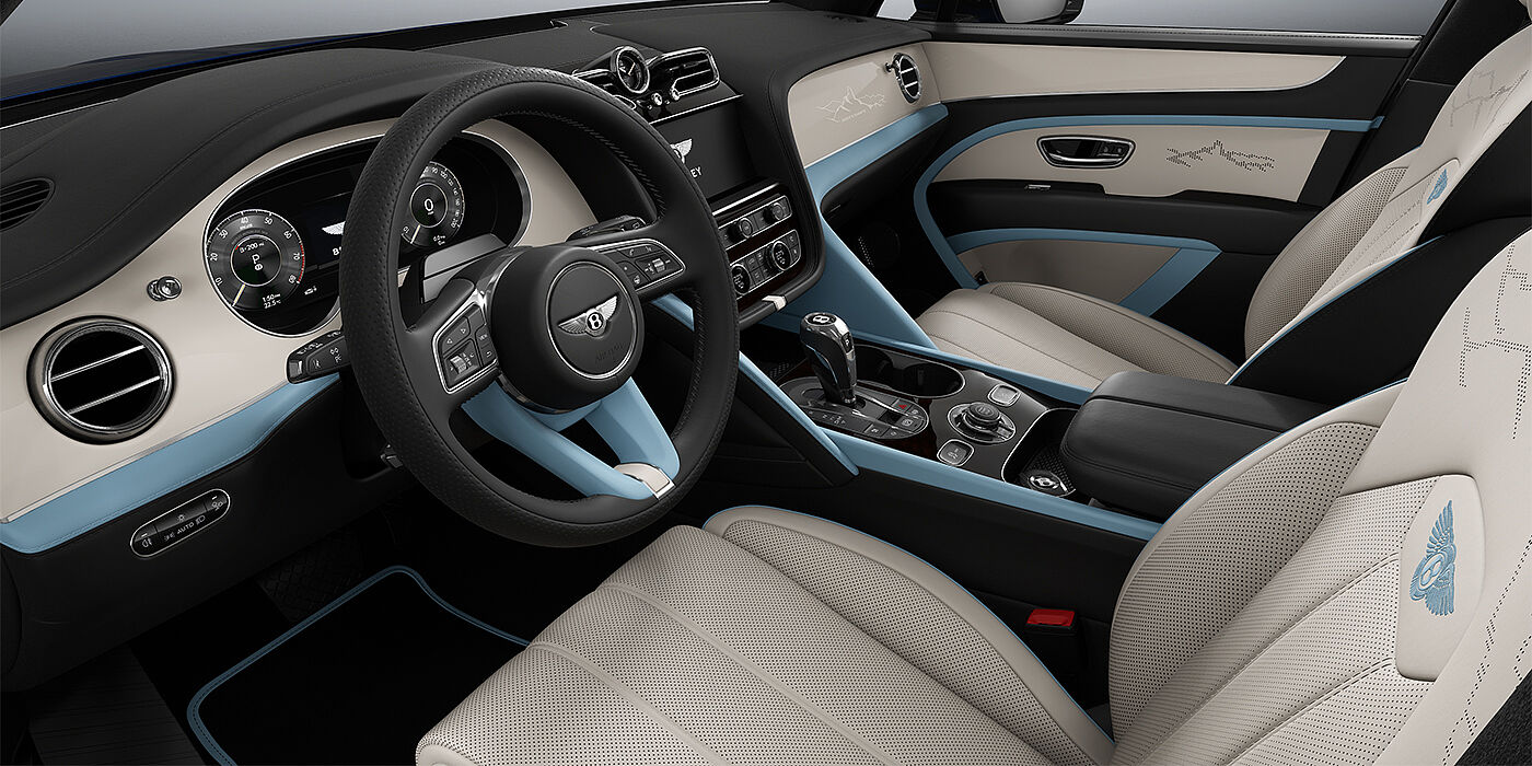 Bentley Hannover Bentley Bentayga Artenara Edition SUV front cabin in Linen and Beluga Black hides with Light Blue accents and Piano Linen veneer