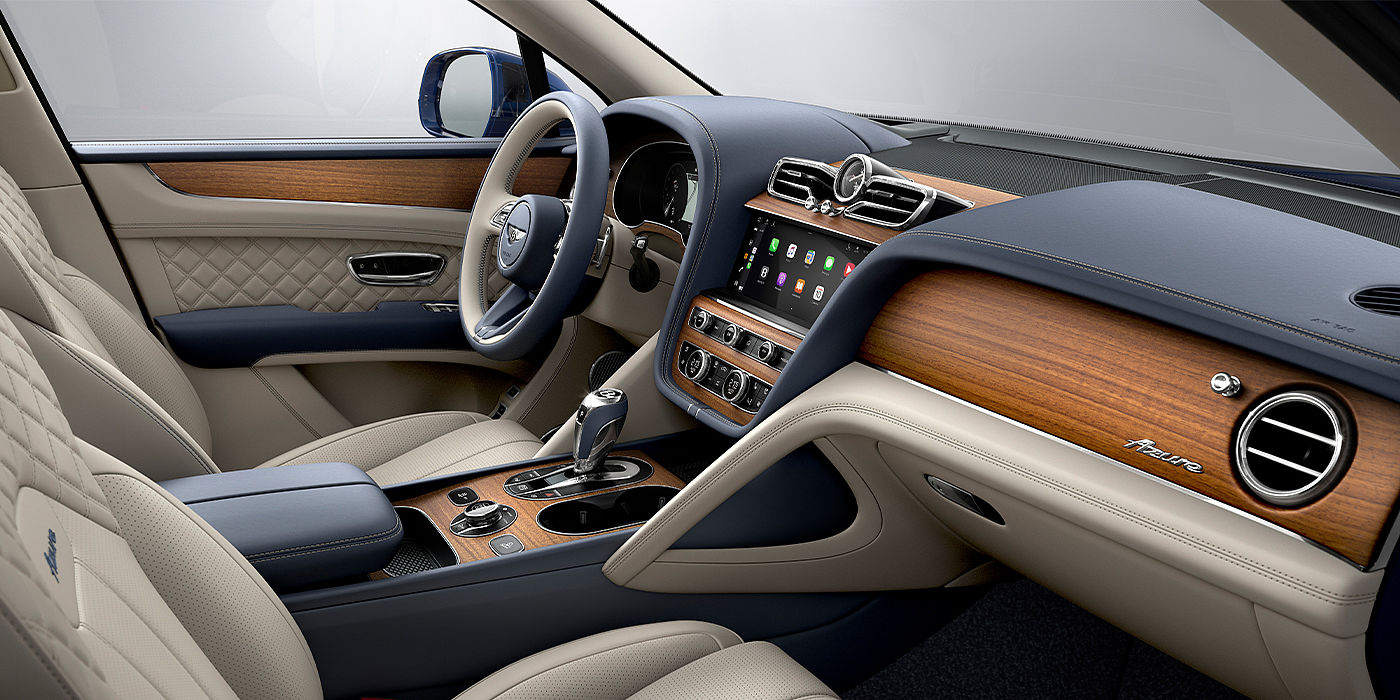 Bentley Hannover Bentley Bentayga Azure SUV front interior in Imperial Blue and Linen hide