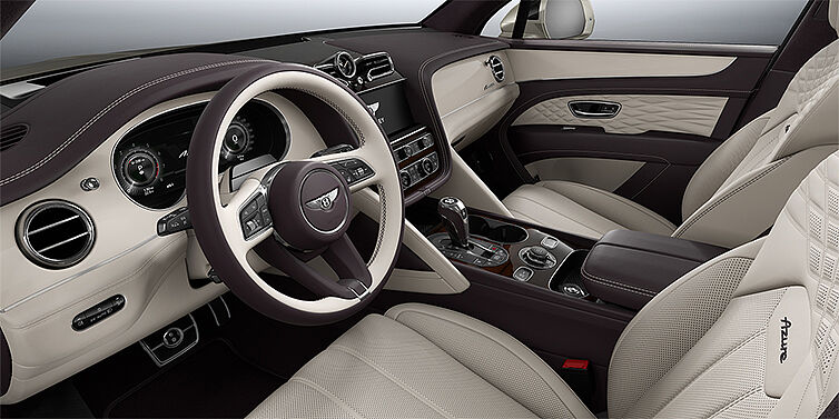 Bentley Hannover Bentley Bentayga Azure SUV front interior in Linen and Damson hides with Piano Linen veneer
