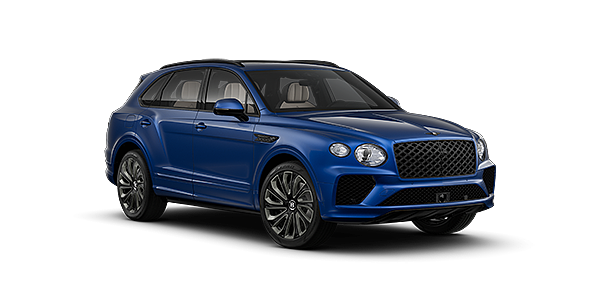 Bentley Hannover  Bentayga Artenara Edition SUV in Sequin Blue paint with 22" Mulliner Gloss black wheel front 3/4