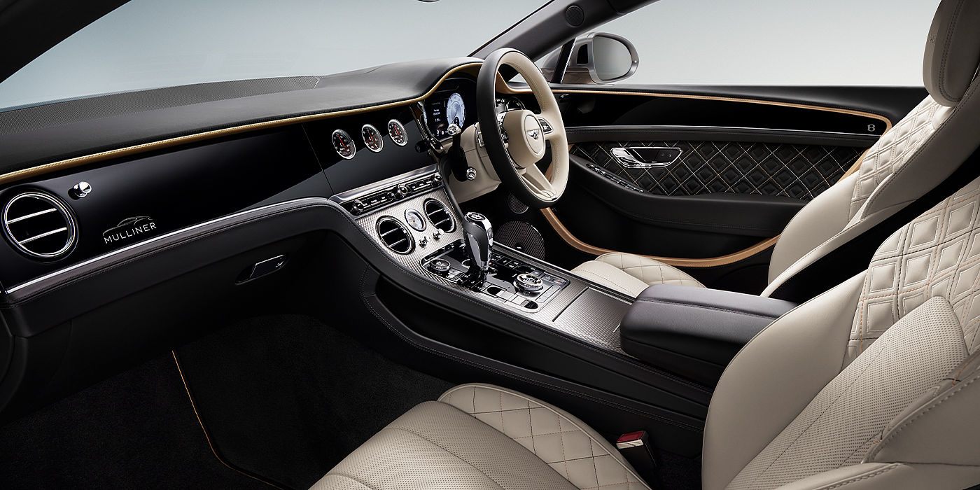 Bentley Hannover Bentley Continental GT Mulliner coupe front interior in Beluga black and Linen hide