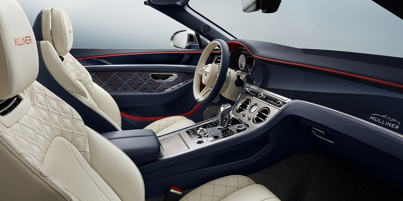 Bentley Hannover Bentley Continental GTC Mulliner convertible front interior in Imperial Blue and Linen hide