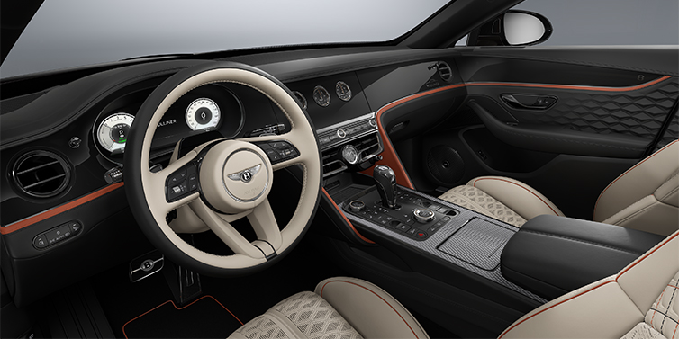 Bentley Hannover New Bentley Flying Spur Mulliner sedan front interior in Portland and Beluga Black hides with Grand Black veneer