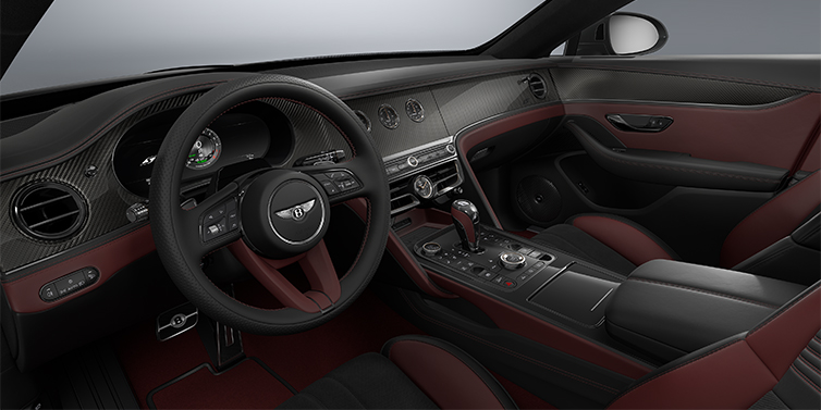 Bentley Hannover New Bentley Flying Spur S sedan front interior in Cricket Ball red  and Beluga Black hides with Diamond Brushed Dark Tint Aluminium veneer