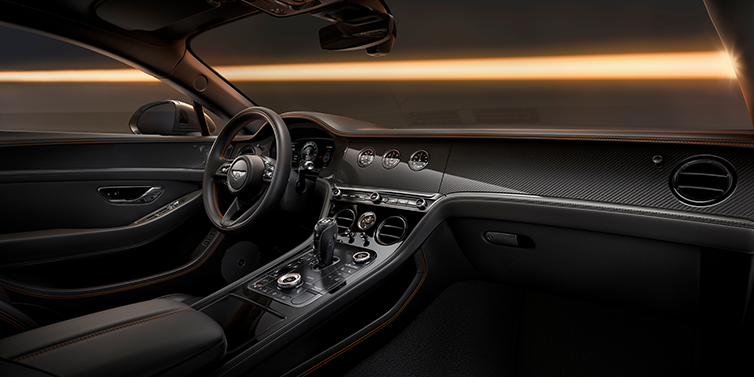 Bentley Hannover Bentley Continental GT Black Edition coupe front interior with Beluga black hide and High Gloss Carbon Fibre veneer