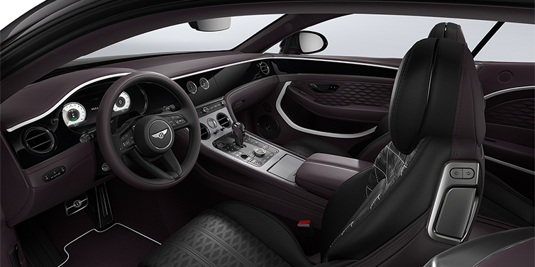 Bentley Hannover Bentley Continental GT Mulliner coupe front interior in Beluga black and Damson hides with white accent hide