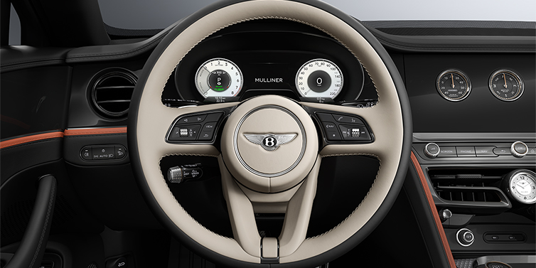 Bentley Hannover New Bentley Flying Spur Mulliner sedan steering wheel and dash in Portland and Beluga Black hides and Grand Black veneer