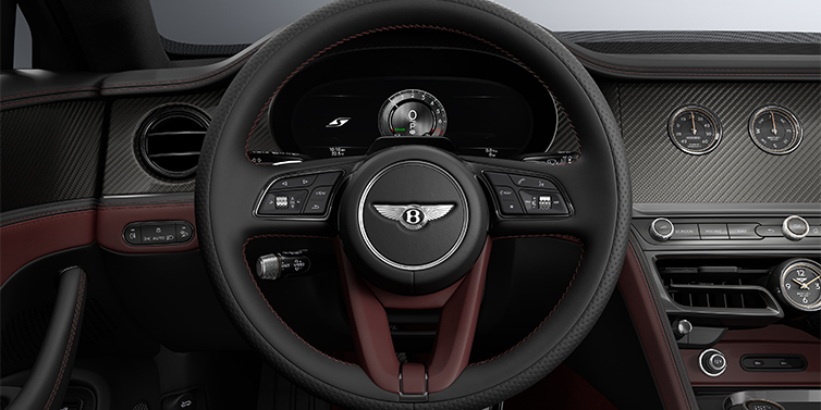 Bentley Hannover New Bentley Flying Spur S sedan steering wheel and dash in Cricket Ball red and Beluga black hides and High Gloss Carbon Fibre veneer