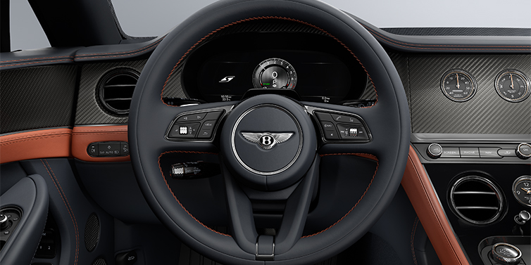 Bentley Hannover Bentley Continental GTC S convertible steering wheel and dash in Newmarket Tan and Beluga Black hides with Carbon Fibre veneer